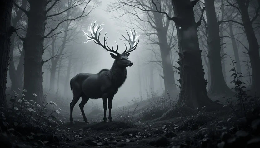Majestic Stag in Misty Forest – Atmospheric Black and White Deer Wildlife