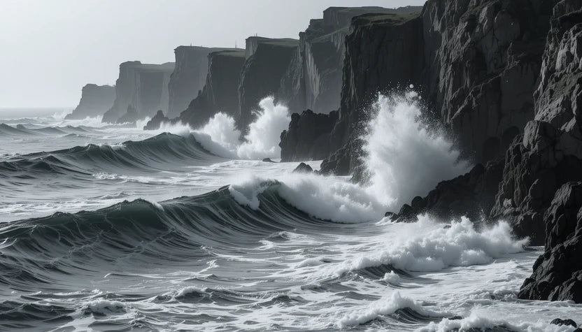 Powerful Ocean Waves Crashing on Rocks - Moody Black and White Seascape Photography