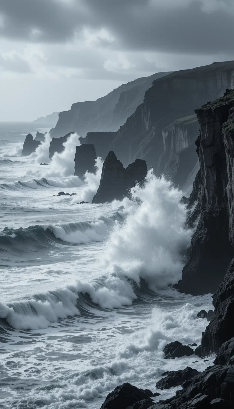 Powerful Ocean Waves Crashing on Rocks - Moody Black and White Seascape Photography
