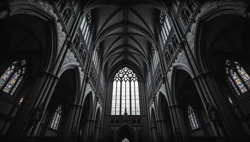 Gothic Cathedral Spires with Stained Glass - Dramatic Black and White Architecture Print