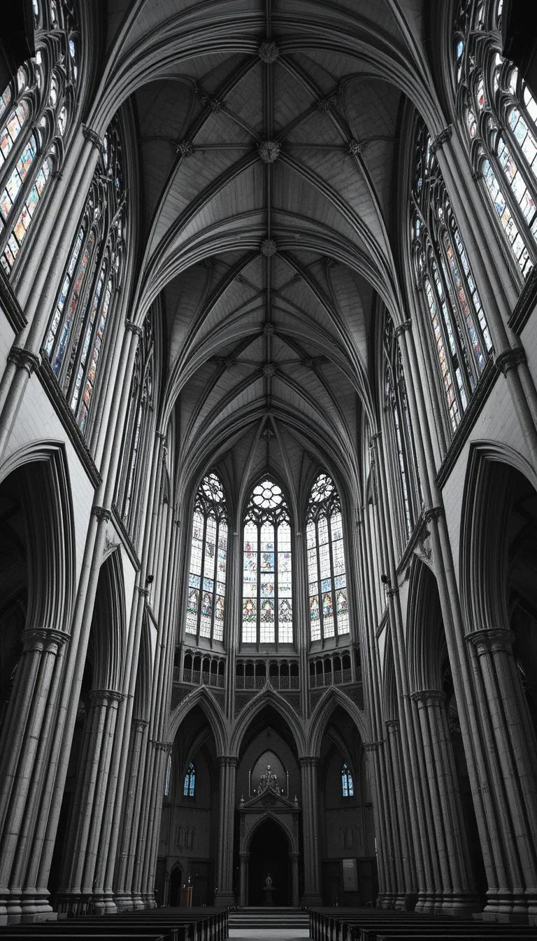 Gothic Cathedral Spires with Stained Glass - Dramatic Black and White Architecture Print