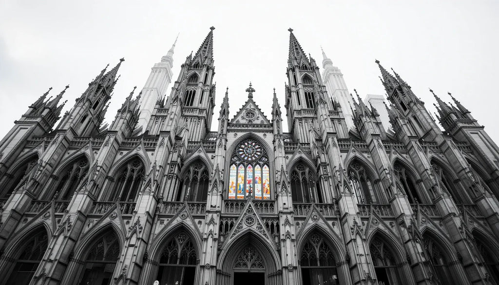 Gothic Cathedral Spires with Stained Glass - Dramatic Black and White Architecture Print