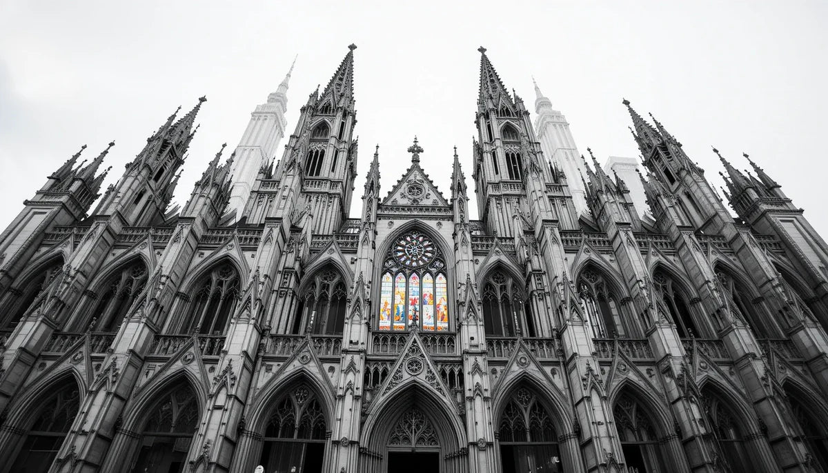 Gothic Cathedral Spires with Stained Glass - Dramatic Black and White Architecture Print