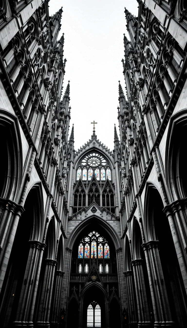 Gothic Cathedral Spires with Stained Glass - Dramatic Black and White Architecture Print