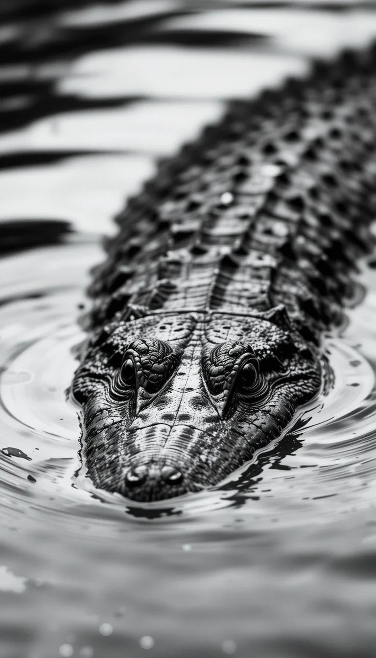 Stealthy Crocodile Emerging from Water – Dramatic Black and White Wildlife Poster