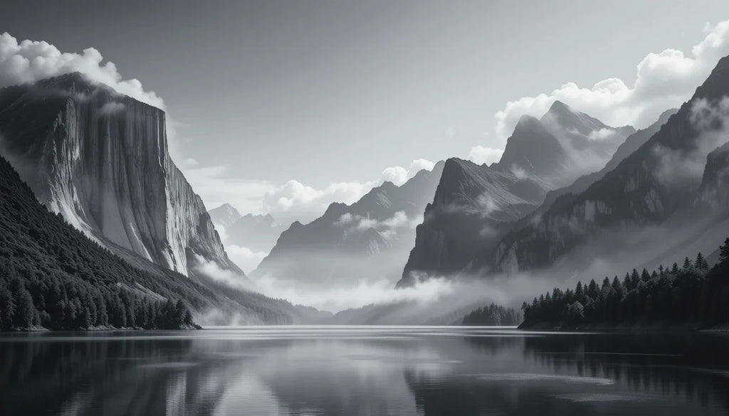 Dramatic Mountain Lake Reflection - Black and White Landscape Fine Art Poster