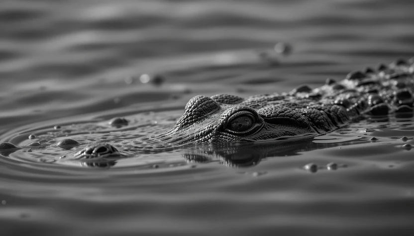 Stealthy Crocodile Emerging from Water – Dramatic Black and White Wildlife Poster