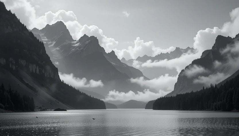 Dramatic Mountain Lake Reflection - Black and White Landscape Fine Art Poster