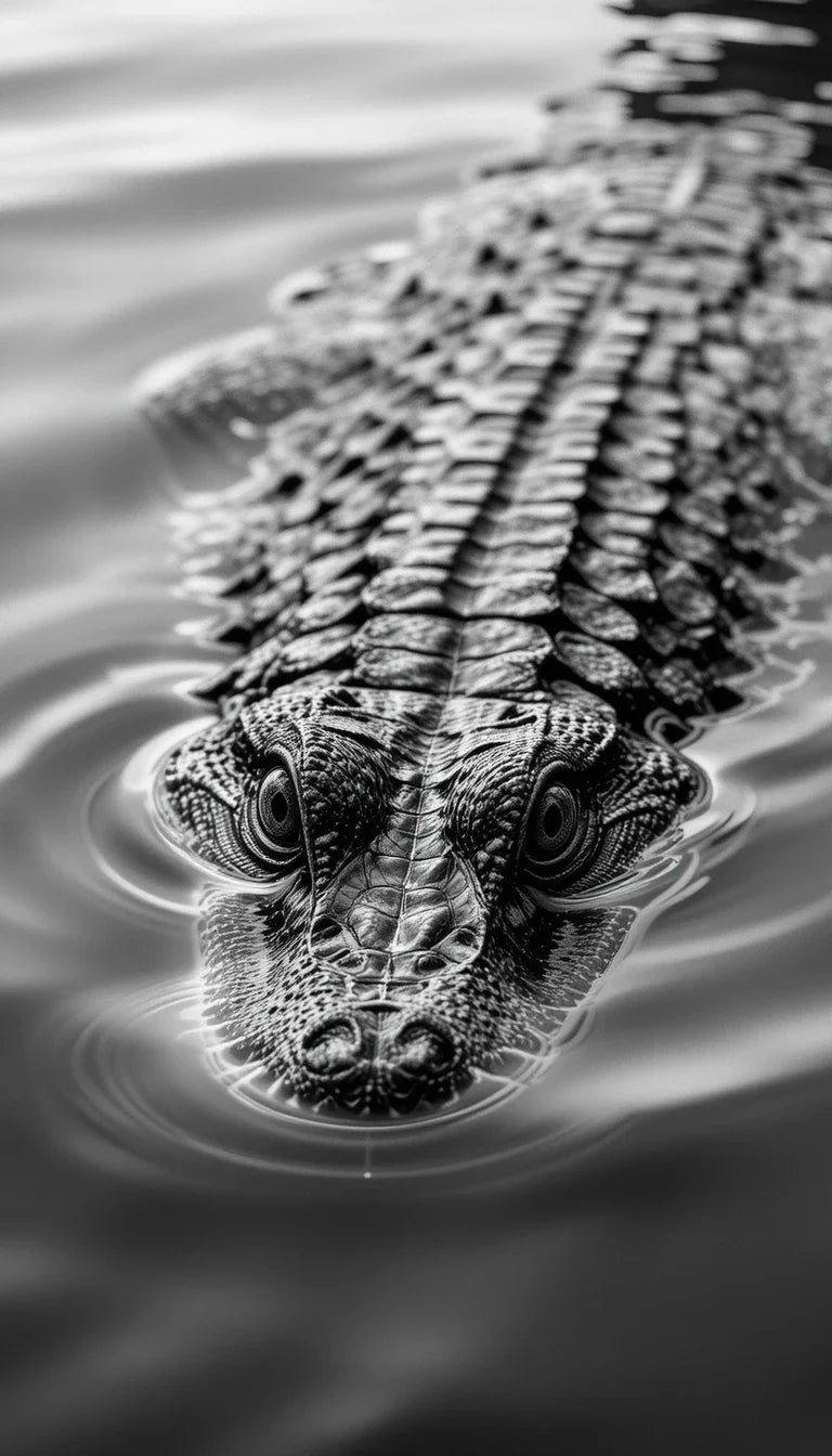 Stealthy Crocodile Emerging from Water – Dramatic Black and White Wildlife Poster