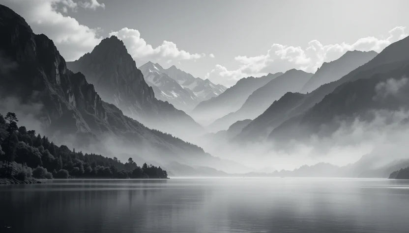Dramatic Mountain Lake Reflection - Black and White Landscape Fine Art Poster