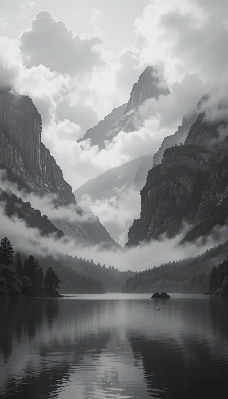 Dramatic Mountain Lake Reflection - Black and White Landscape Fine Art Poster