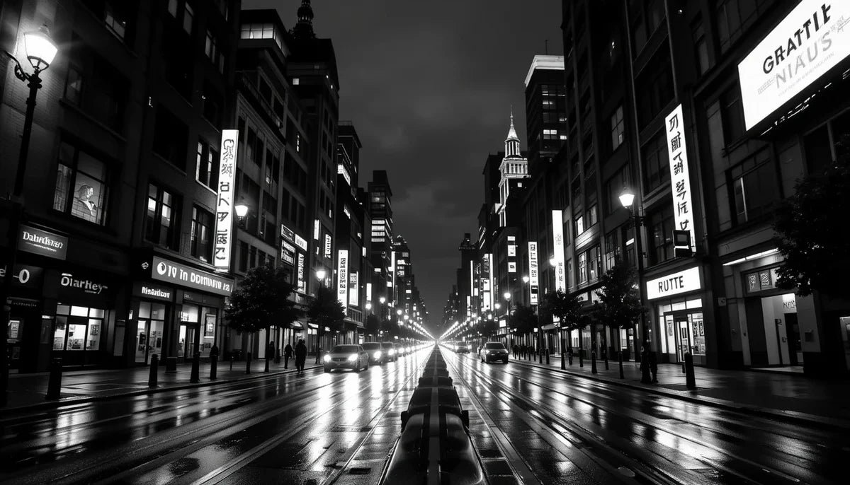 Rainy Night City Street in Monochrome - Noir Urban Photography Canvas Print