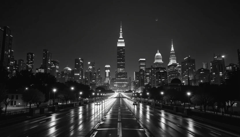 Rainy Night City Street in Monochrome - Noir Urban Photography Canvas Print