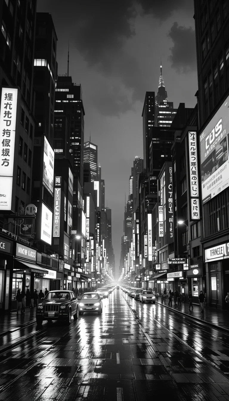 Rainy Night City Street in Monochrome - Noir Urban Photography Canvas Print