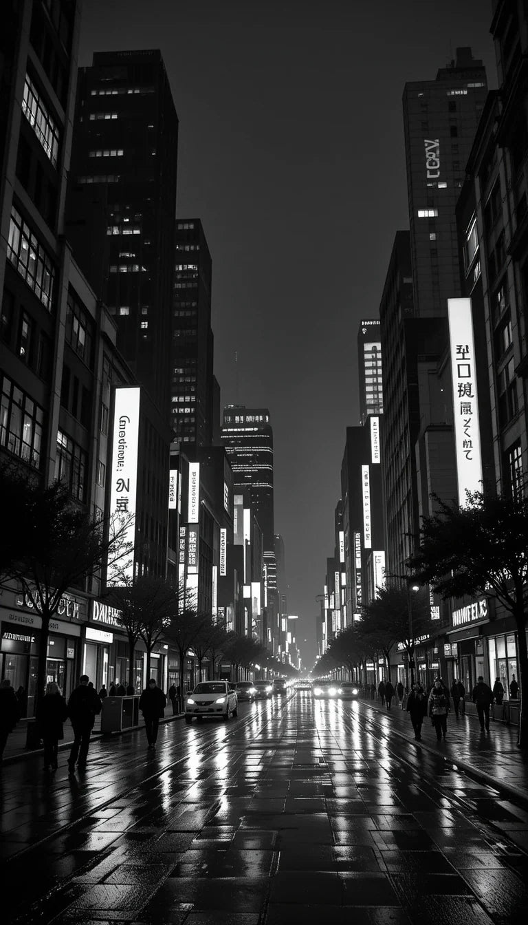 Rainy Night City Street in Monochrome - Noir Urban Photography Canvas Print