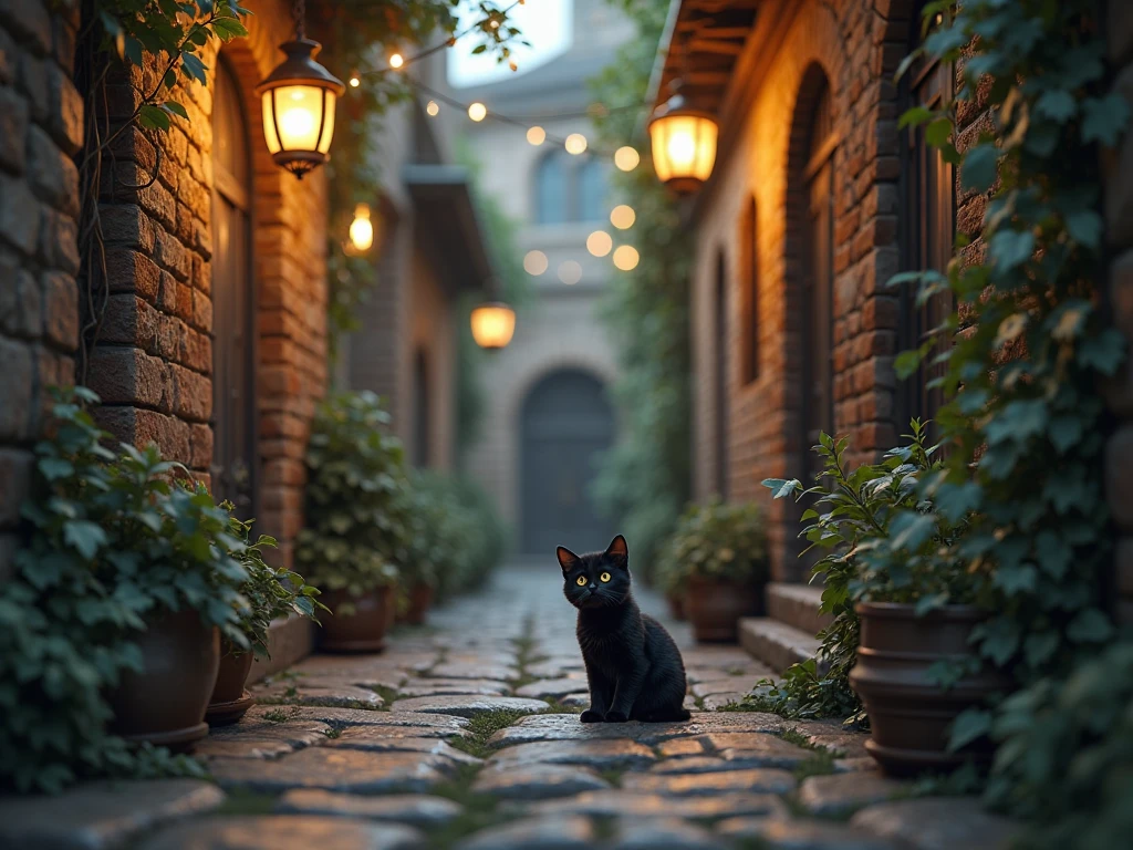 Cozy Alley with Black Cat and Lanterns My Store