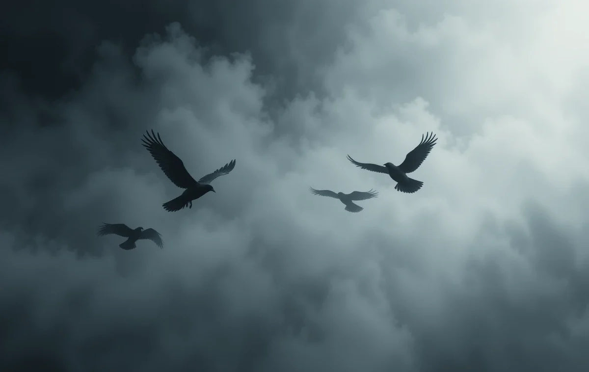 Birds flying in cloudy sky