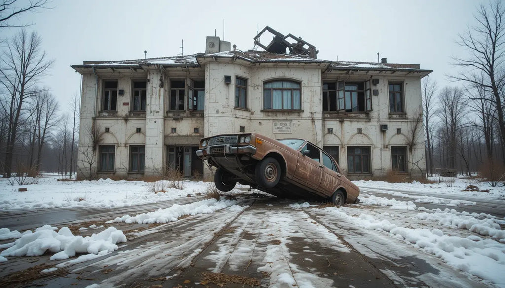 Abandoned Snowy Ruin with Crashed Car Wall Art My Store