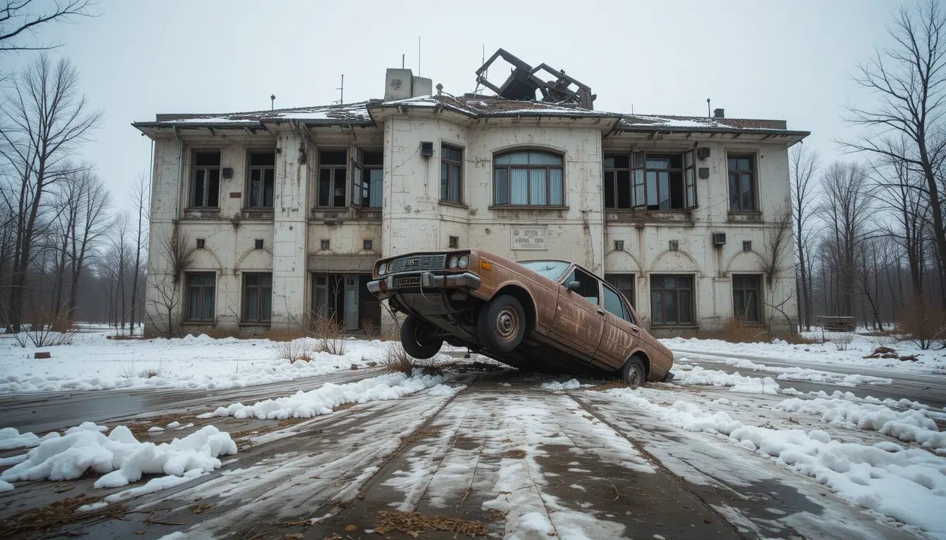 Abandoned Snowy Ruin with Crashed Car Wall Art My Store