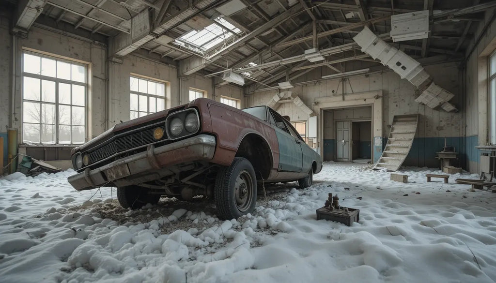 Abandoned Snowy Ruin with Crashed Car Wall Art My Store