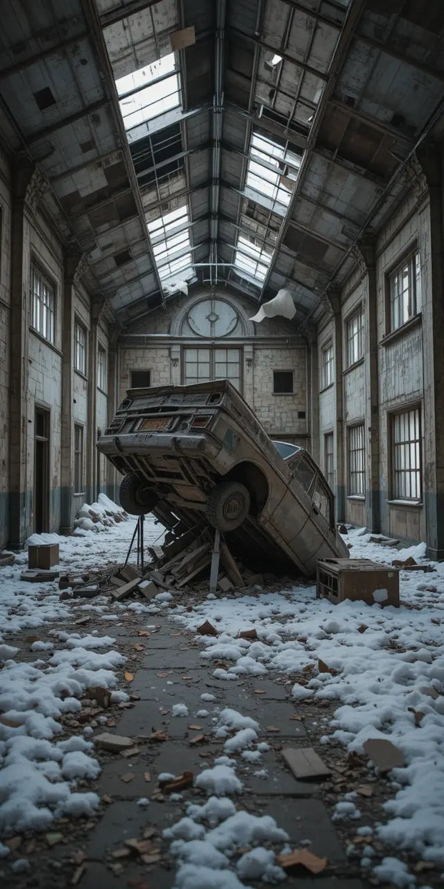 Abandoned Snowy Ruin with Crashed Car Wall Art My Store