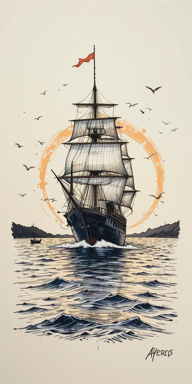 Vintage Sailing Ship Sketch Art My Store