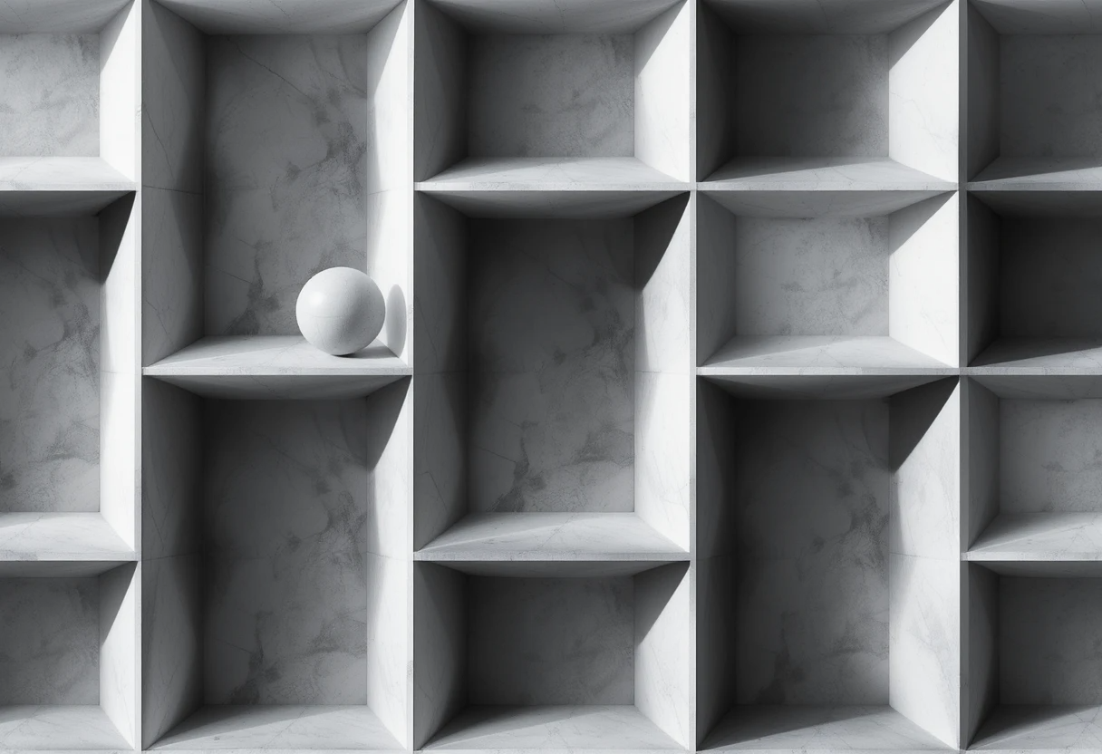 Minimalist marble shelves with a single white sphere