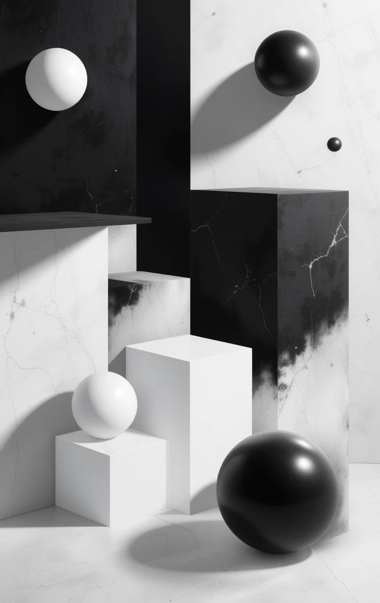Minimalist marble shelves with a single white sphere