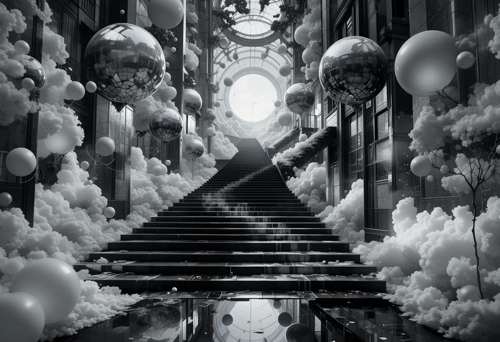 Surreal staircase with floating reflective spheres