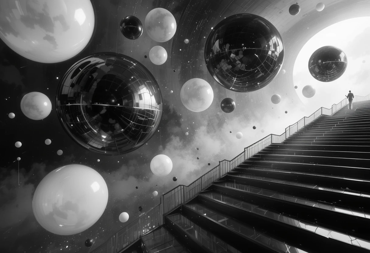 Surreal staircase with floating reflective spheres