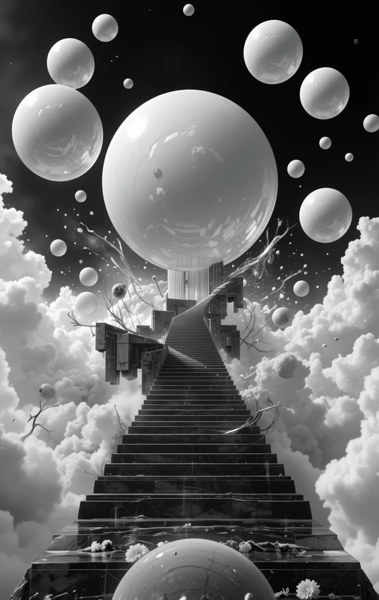 Surreal staircase with floating reflective spheres