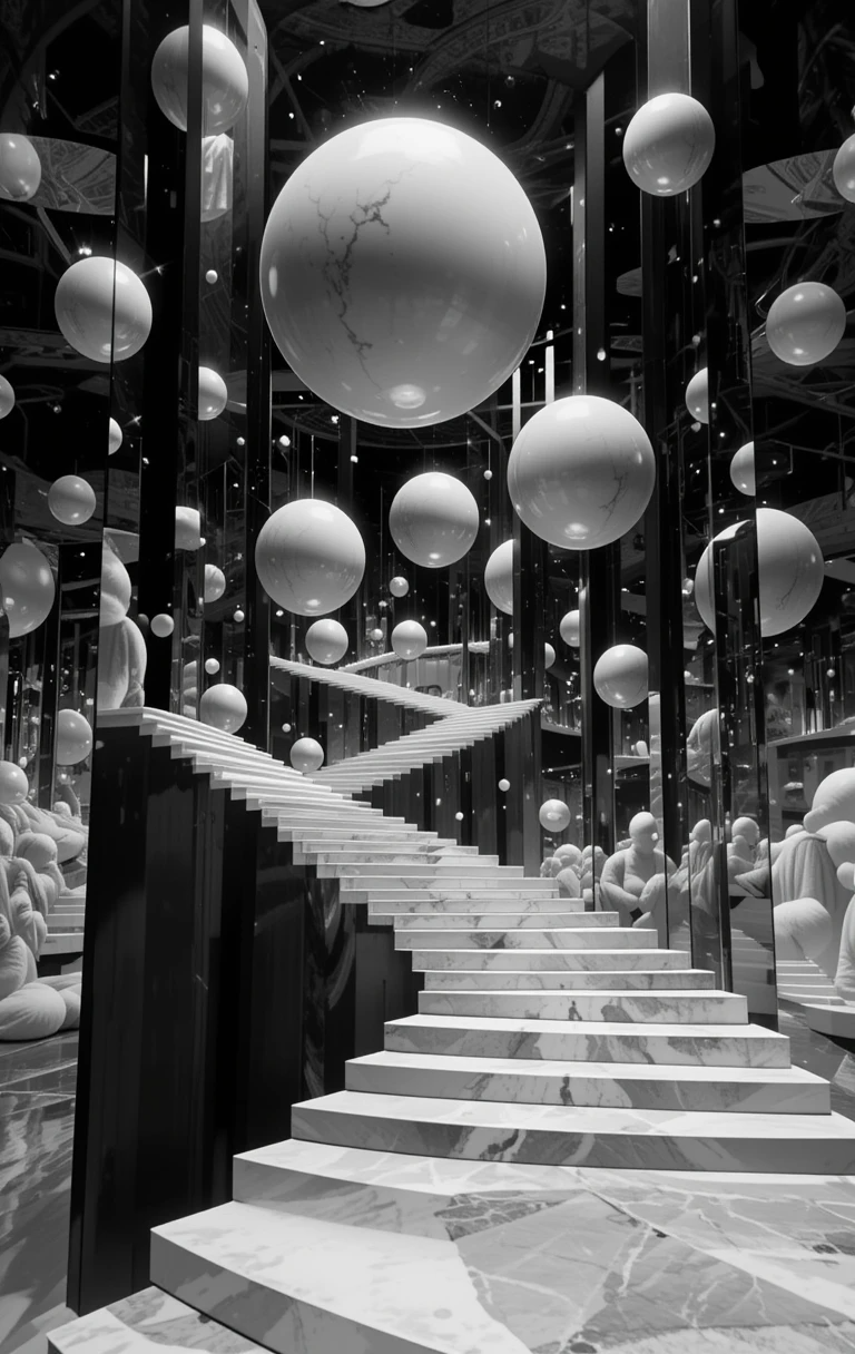 Surreal staircase with floating reflective spheres