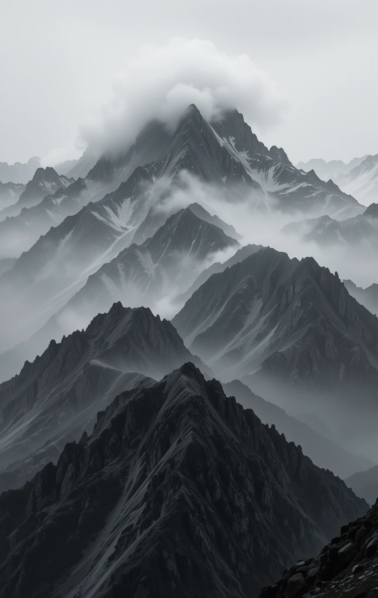 Misty snow-capped mountain peaks