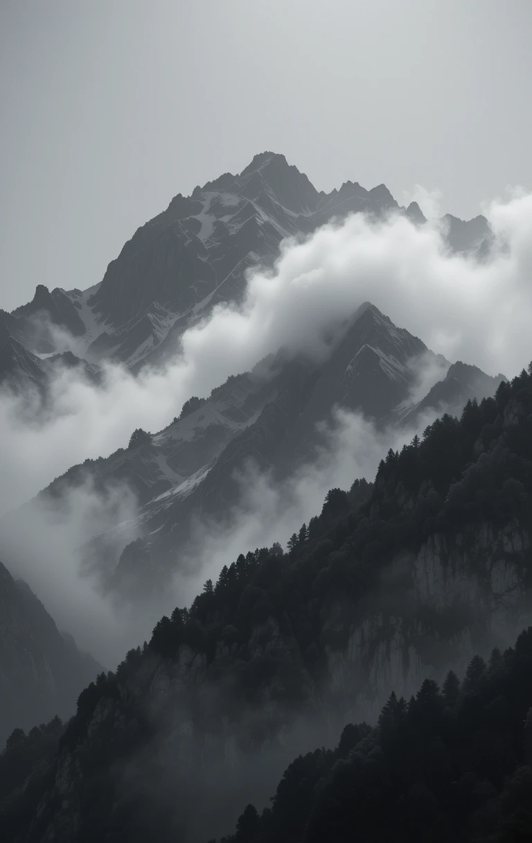 Misty snow-capped mountain peaks