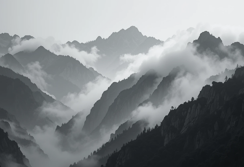 Misty snow-capped mountain peaks