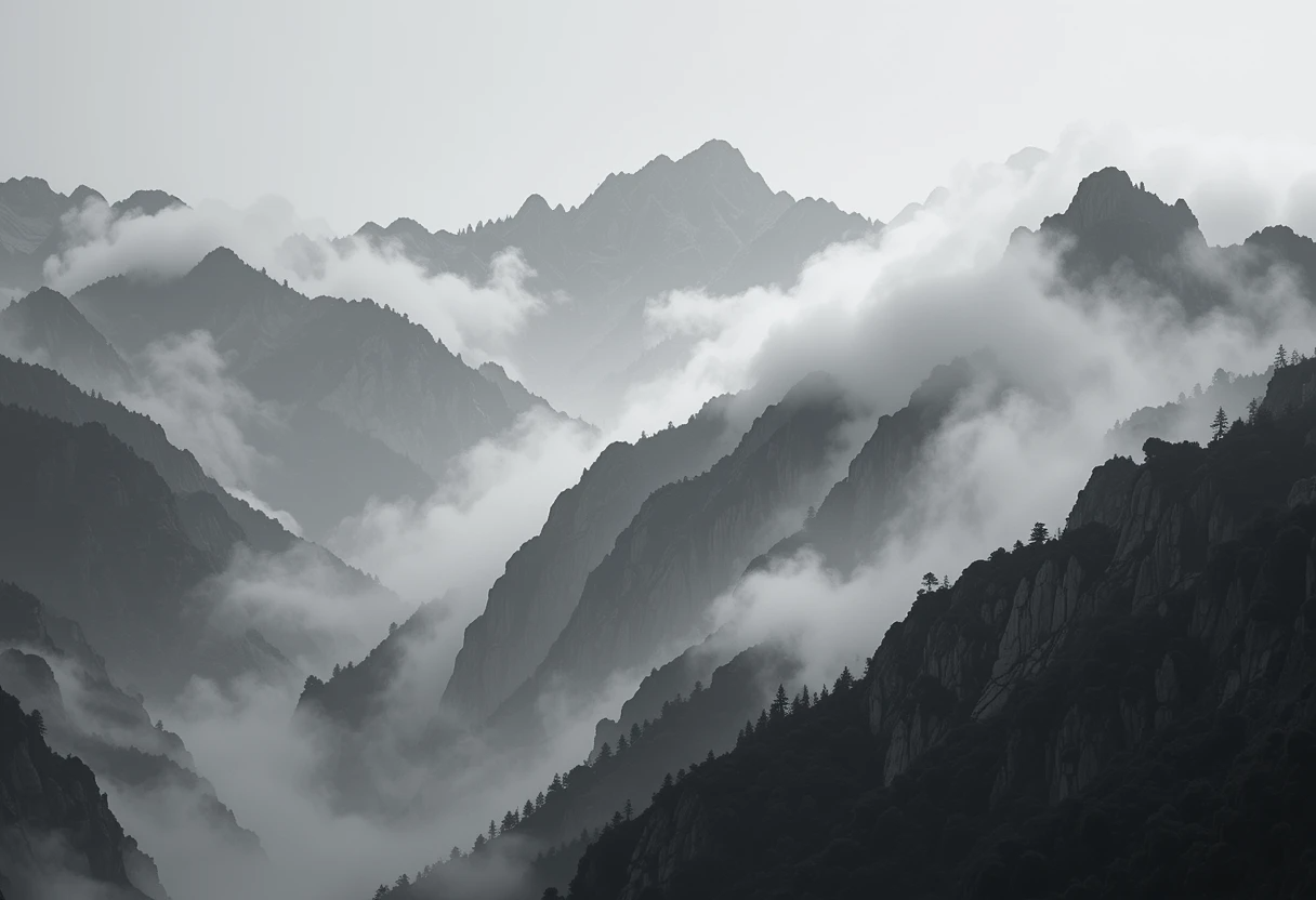 Misty snow-capped mountain peaks