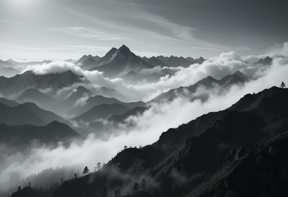Misty snow-capped mountain peaks