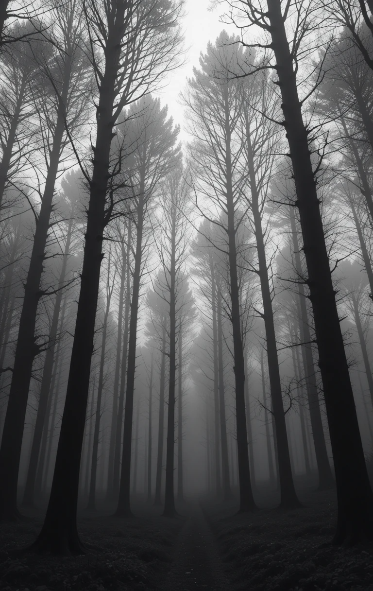 Foggy forest path with tall bare trees
