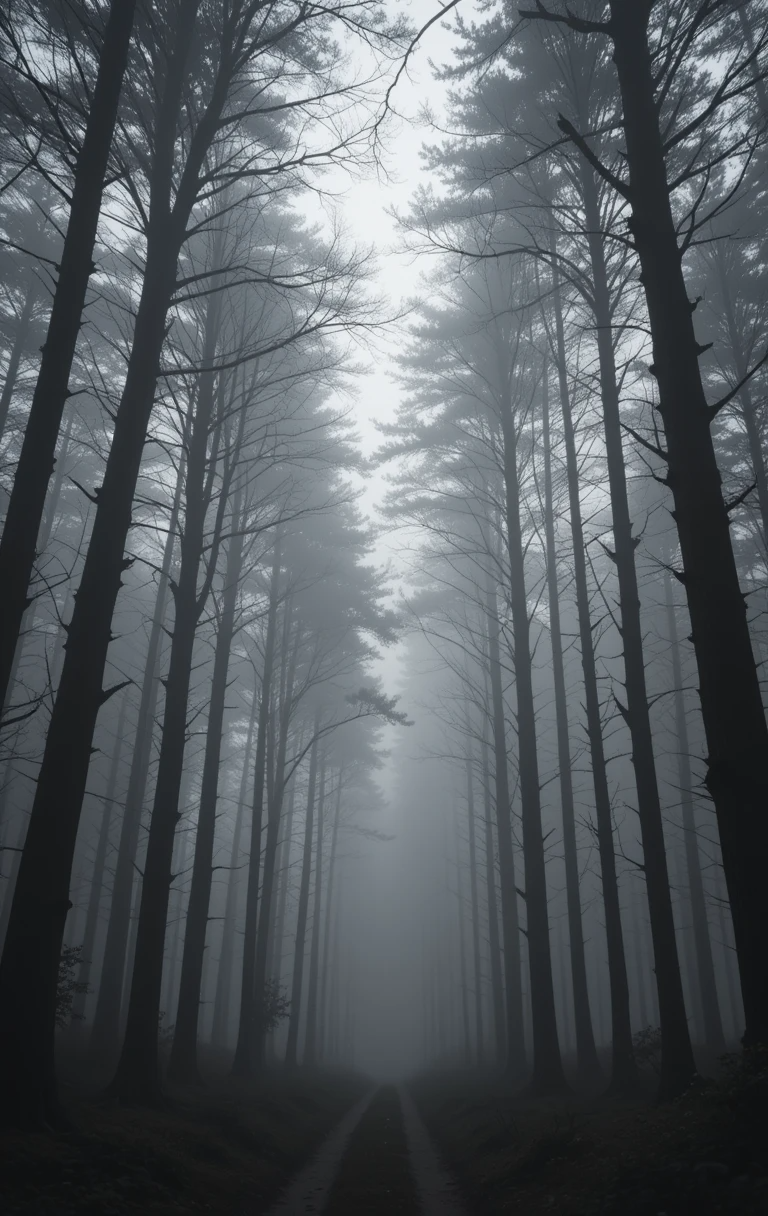 Foggy forest path with tall bare trees