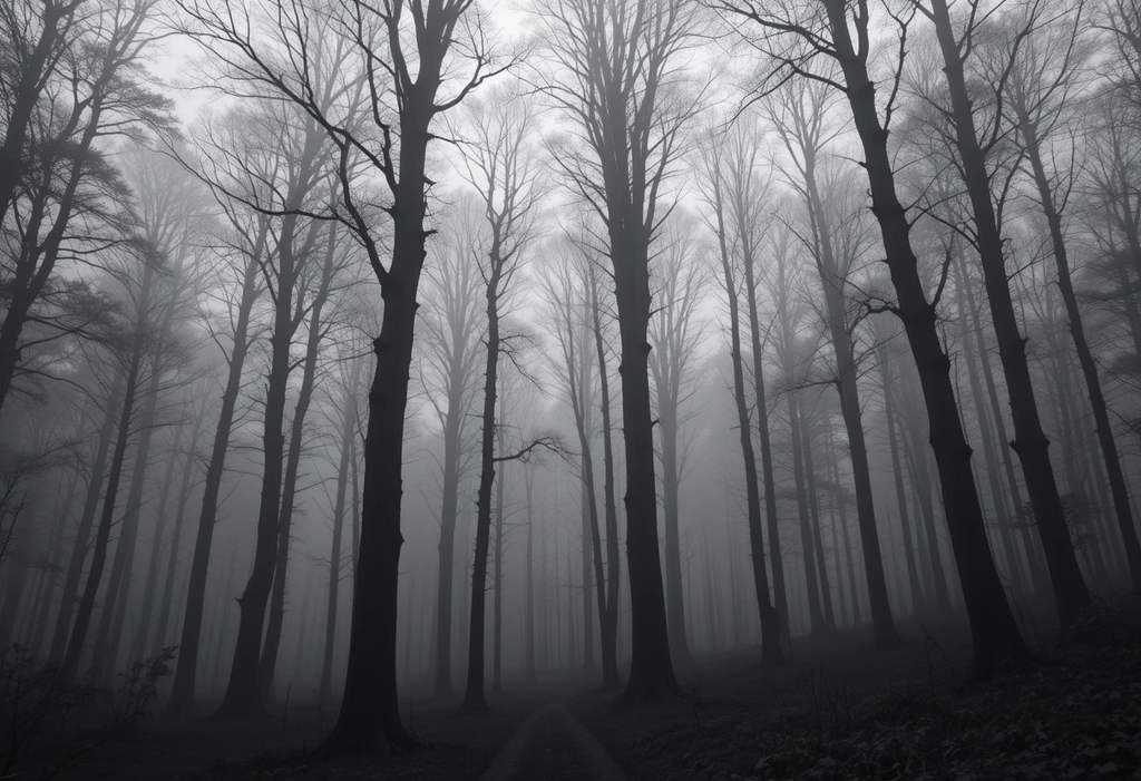 Foggy forest path with tall bare trees