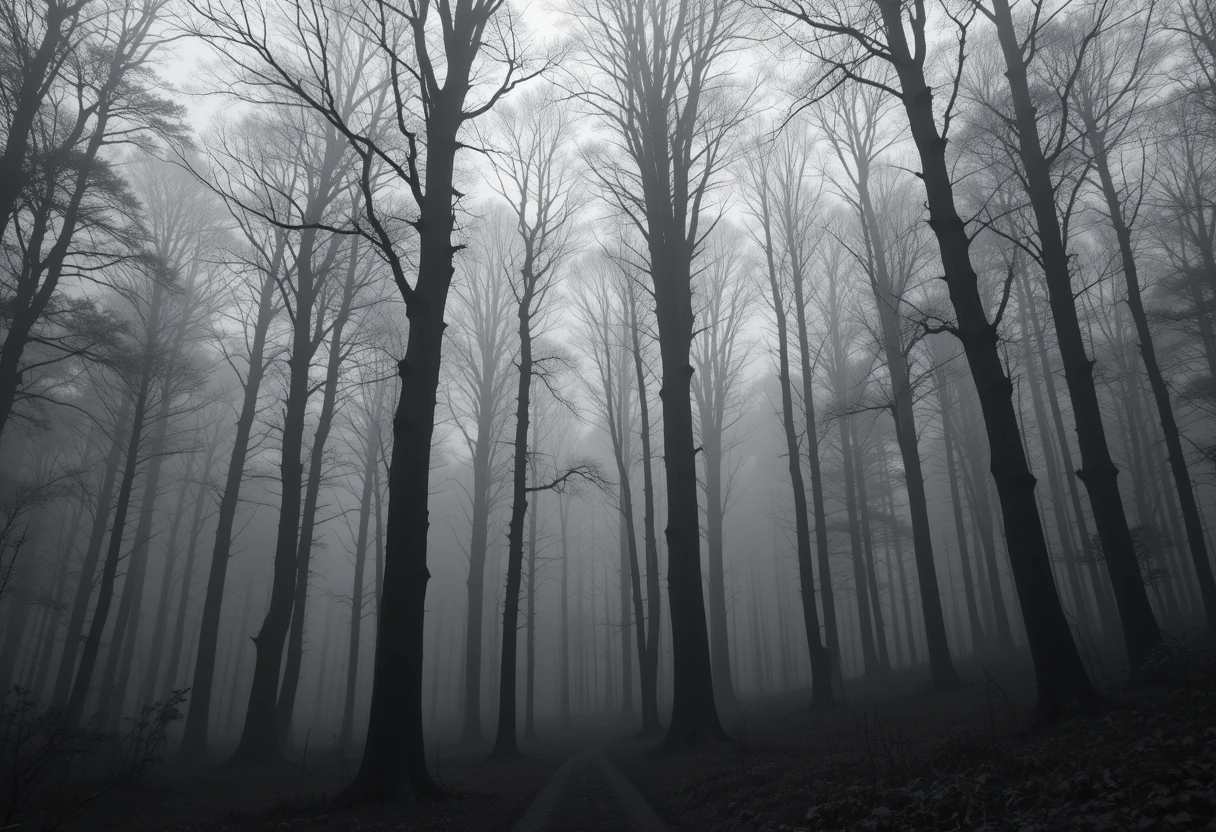 Foggy forest path with tall bare trees