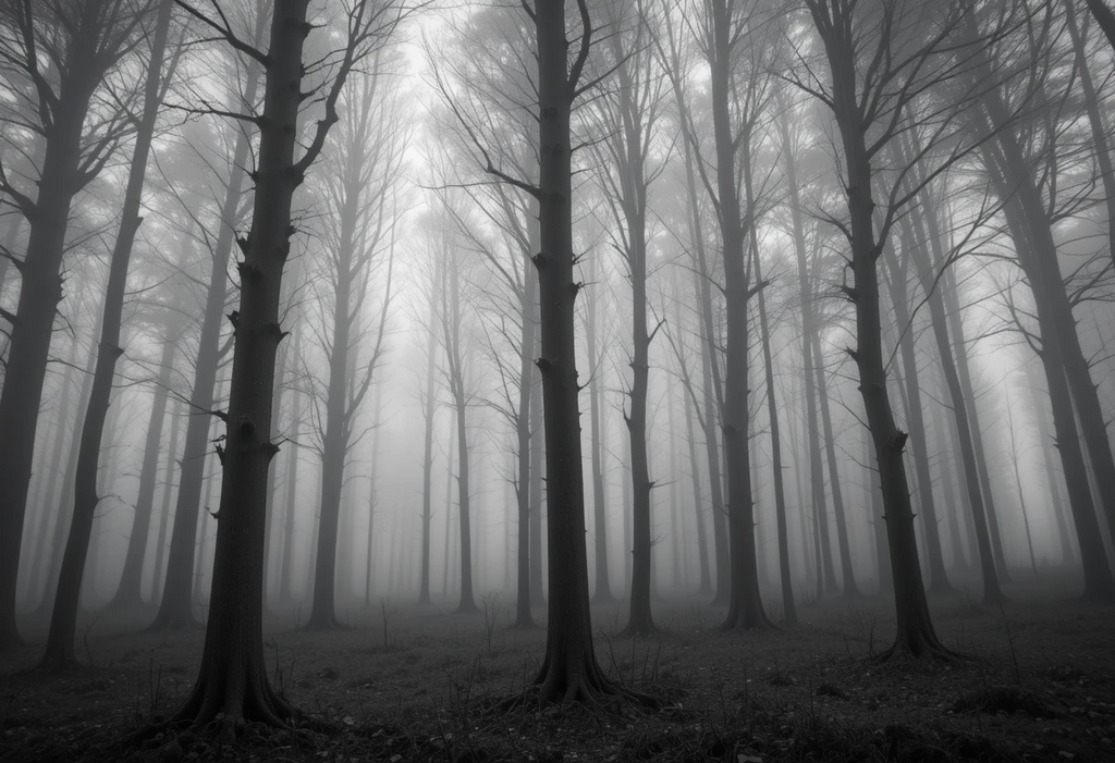 Foggy forest path with tall bare trees