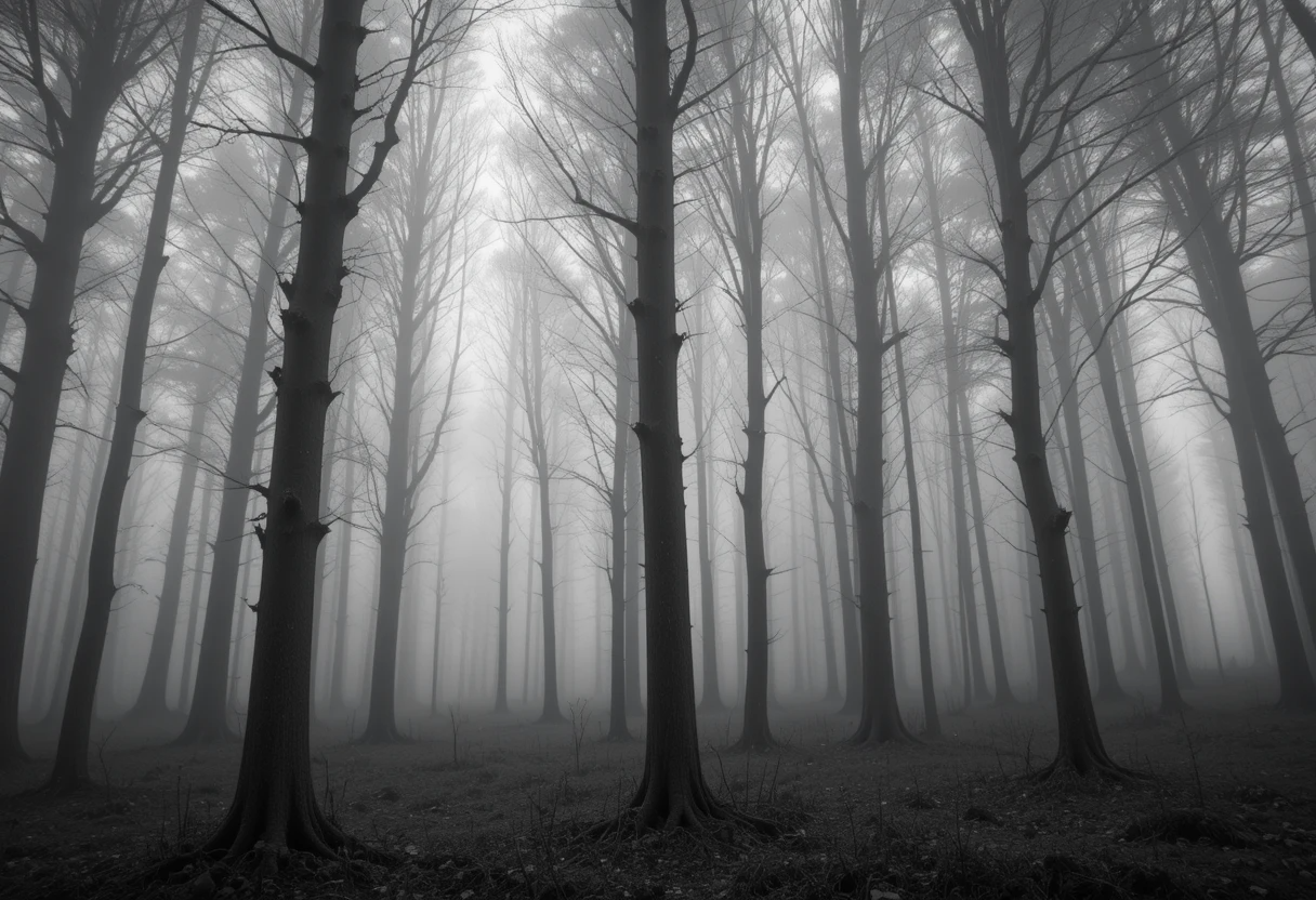 Foggy forest path with tall bare trees