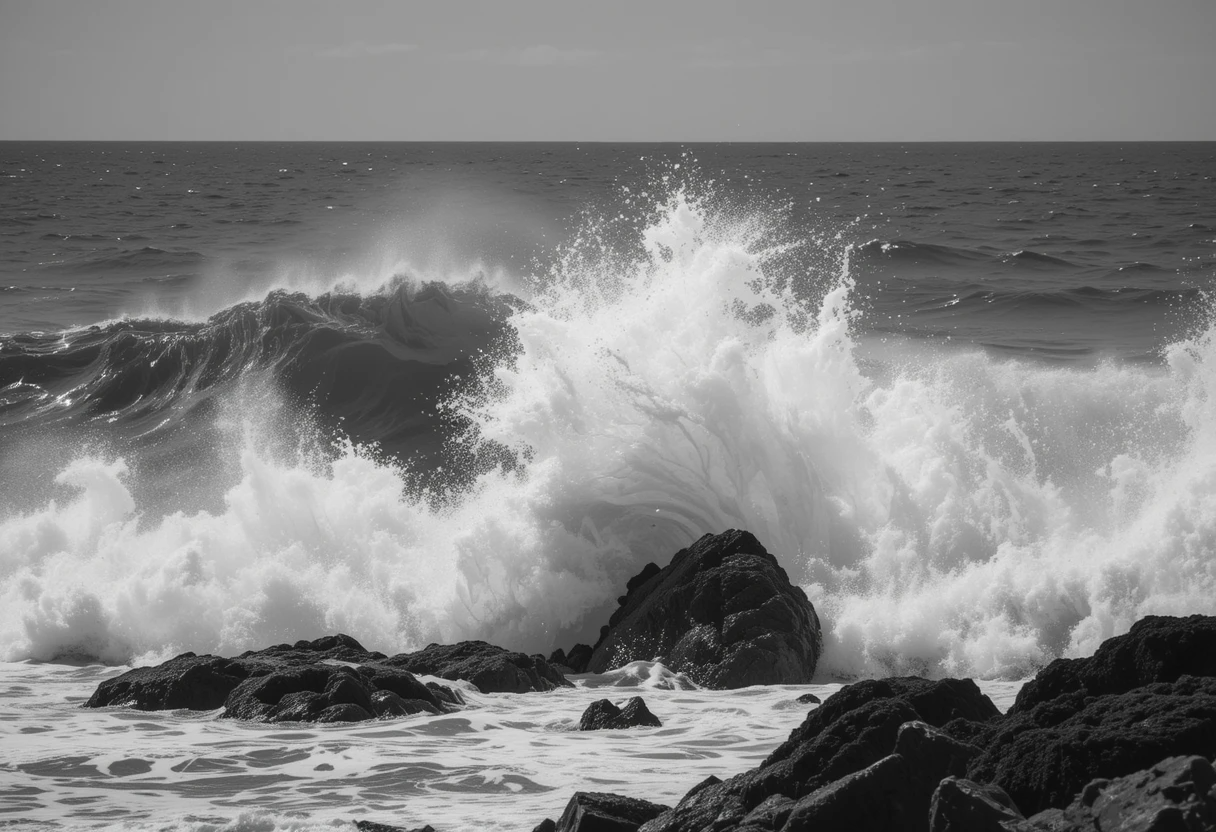 Crashing ocean wave on rocks in black and white