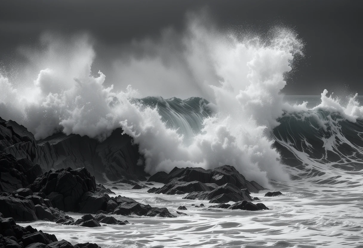 Crashing ocean wave on rocks in black and white