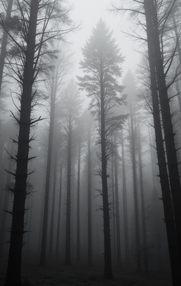 Foggy forest path with tall bare trees