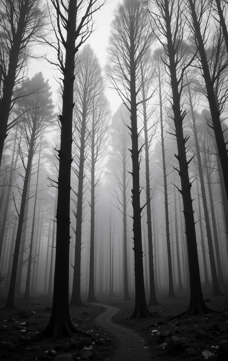 Foggy forest path with tall bare trees