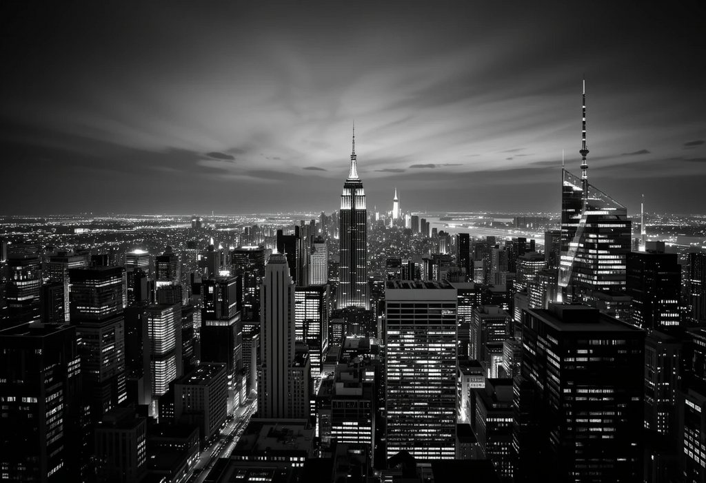New York City skyline at night featuring the Empire State Building