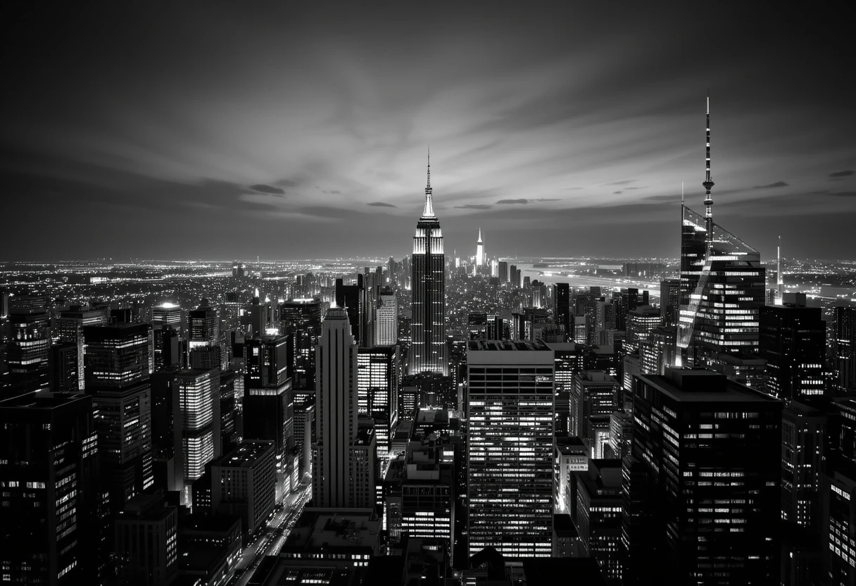 New York City skyline at night featuring the Empire State Building