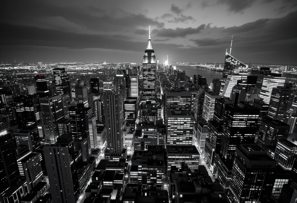 New York City skyline at night featuring the Empire State Building